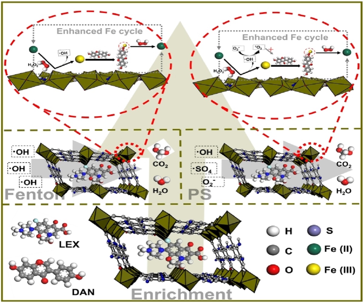 图1. Fe-MOF-DMIP在芬顿氧化和过硫酸盐氧化体系下的作用机制示意图