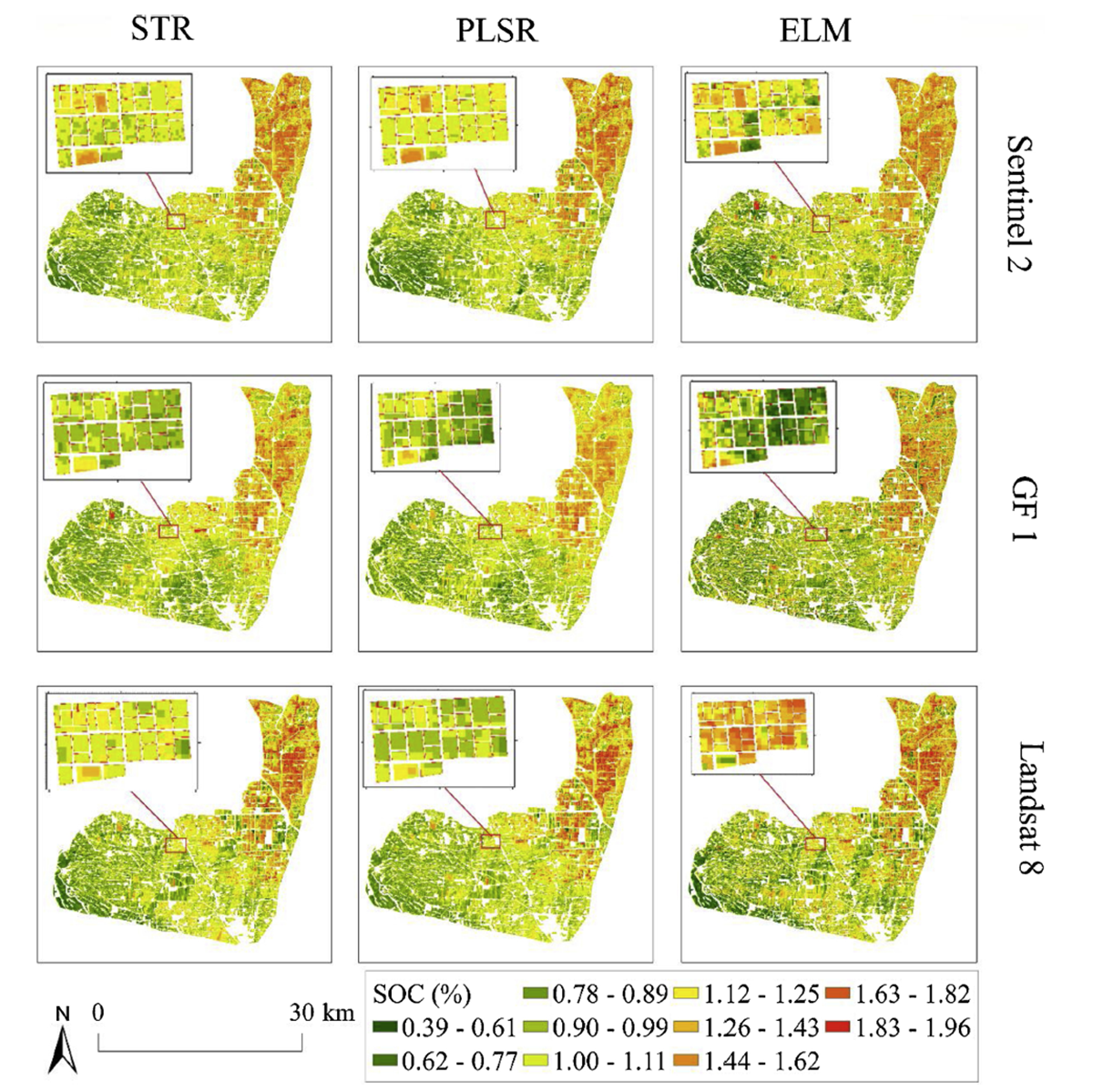 图1 基于时序遥感影像的不同农田尺度的土壤有机碳制图